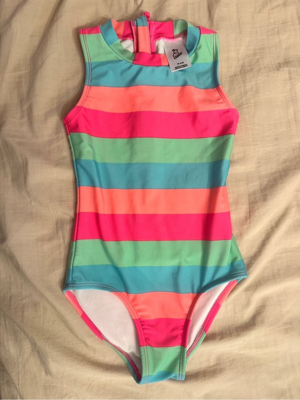 art class Girls Striped One-Piece Swimsuit - Pink, Coral, Aqua, Mint